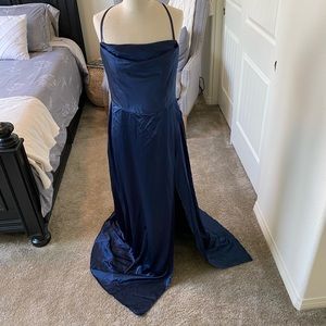 New cowl neck slip dress with slit. Never worn , unaltered navy blue dress